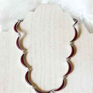 Karen Kane red burgundy and clear scalloped moon necklace NWT